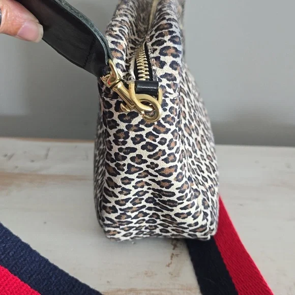 Clare V. Midi Sac Crossbody In Leopard Suede With Red/Navy Strap Bags